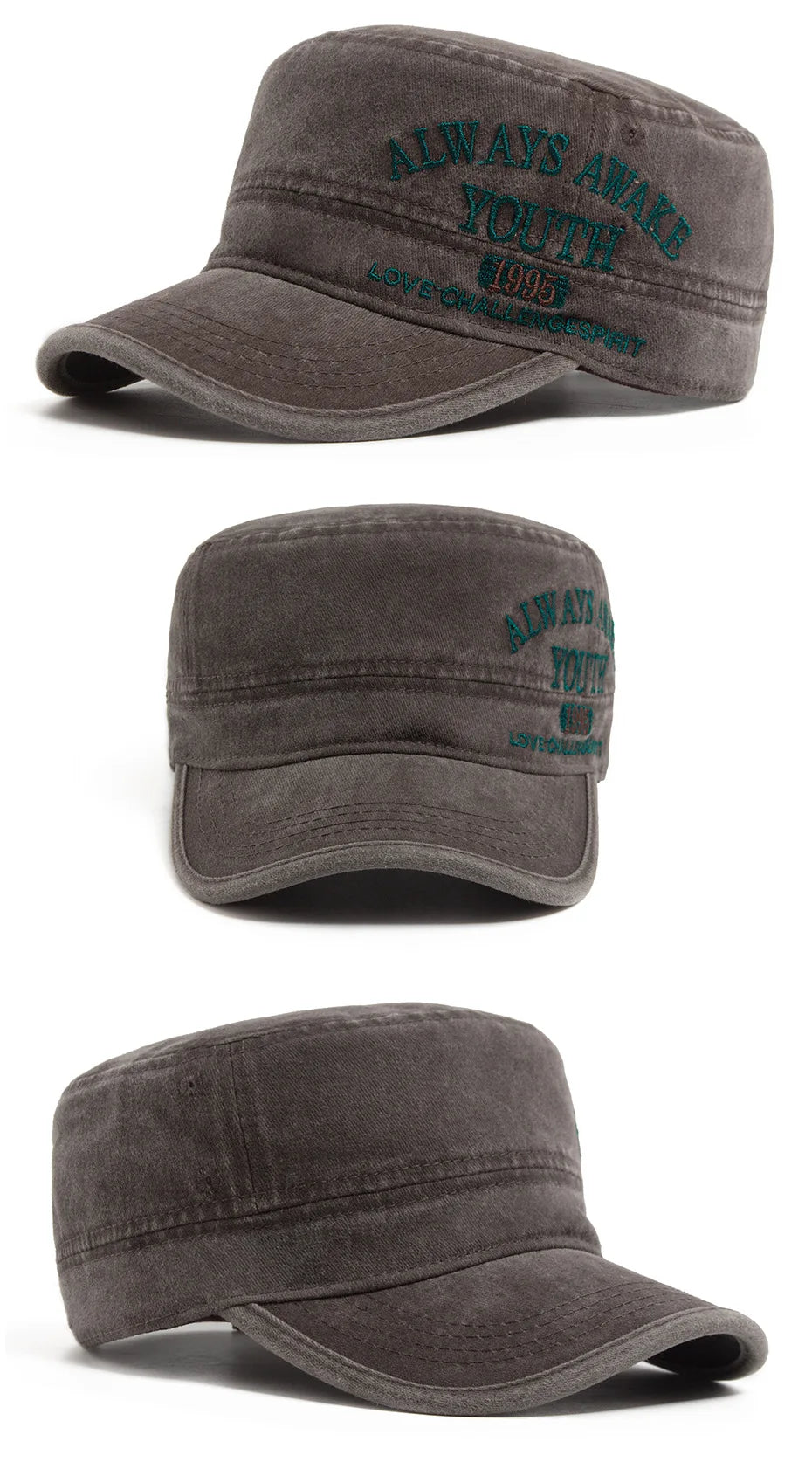 Washed Embroidered Letter Military Cap Vintage American Style Men's Flat Top Hat Sunshade Outdoor Casual Hat for Women Summer