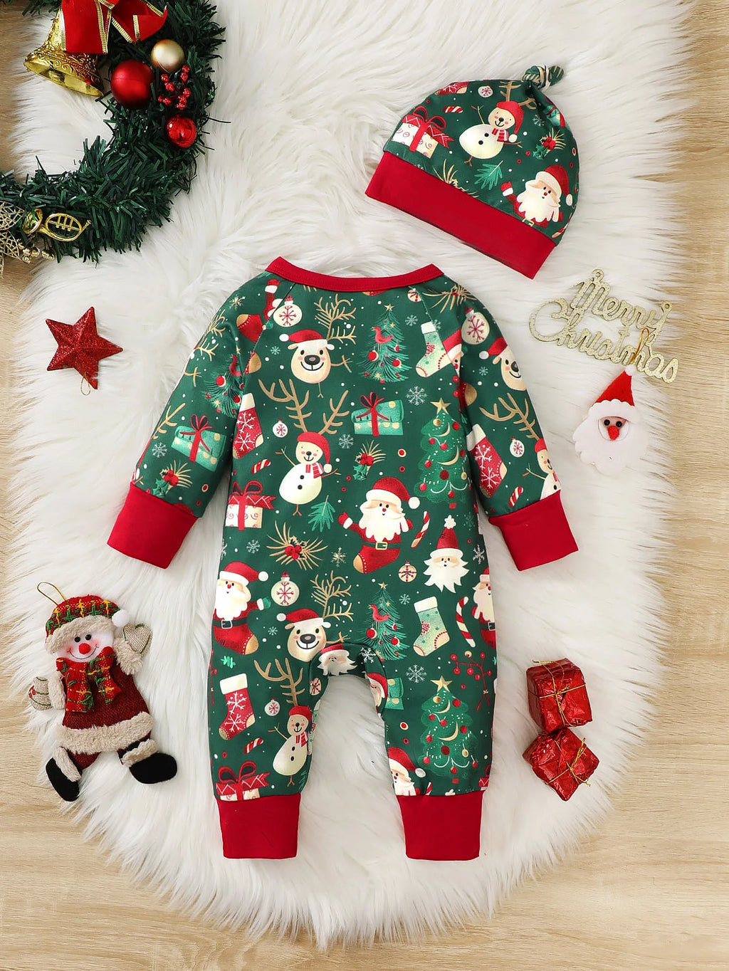 Baby girl Christmas Bodysuit Christmas elements zipper Long sleeved Bodysuit+Hat fit 0-18 Months Baby's New Year's Clothing
