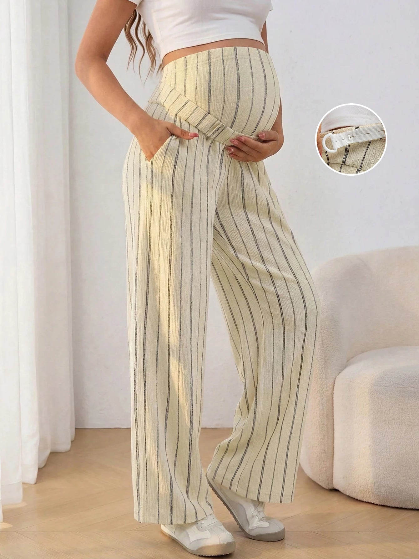 Maternity Women Striped Adjustable Waist Wide Leg Dress Leggings for Casual Work and Under Dresses