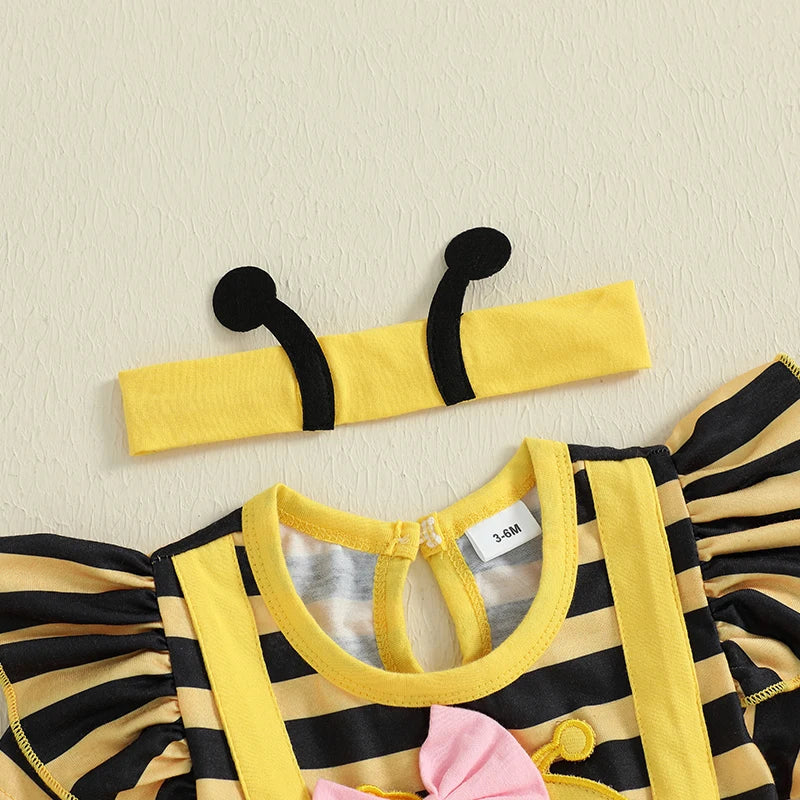 0-18M Newborn Baby Girl Romper Dress Summer Short Sleeve Striped Bee Pattern Tierred Bodysuit with Headband Cute Infant Clothes