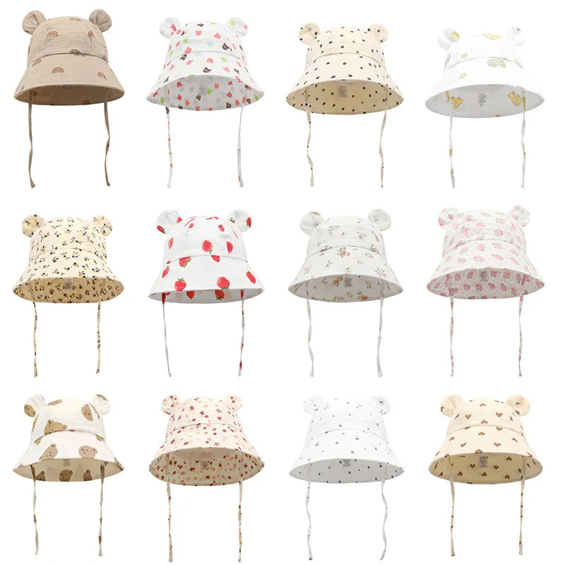 Muslin Baby Sun Hat Cartoon Print Kids Cap for Girls Boys 100% Cotton Toddler Summer Hats Children Panama Baby Cap 1-3Y