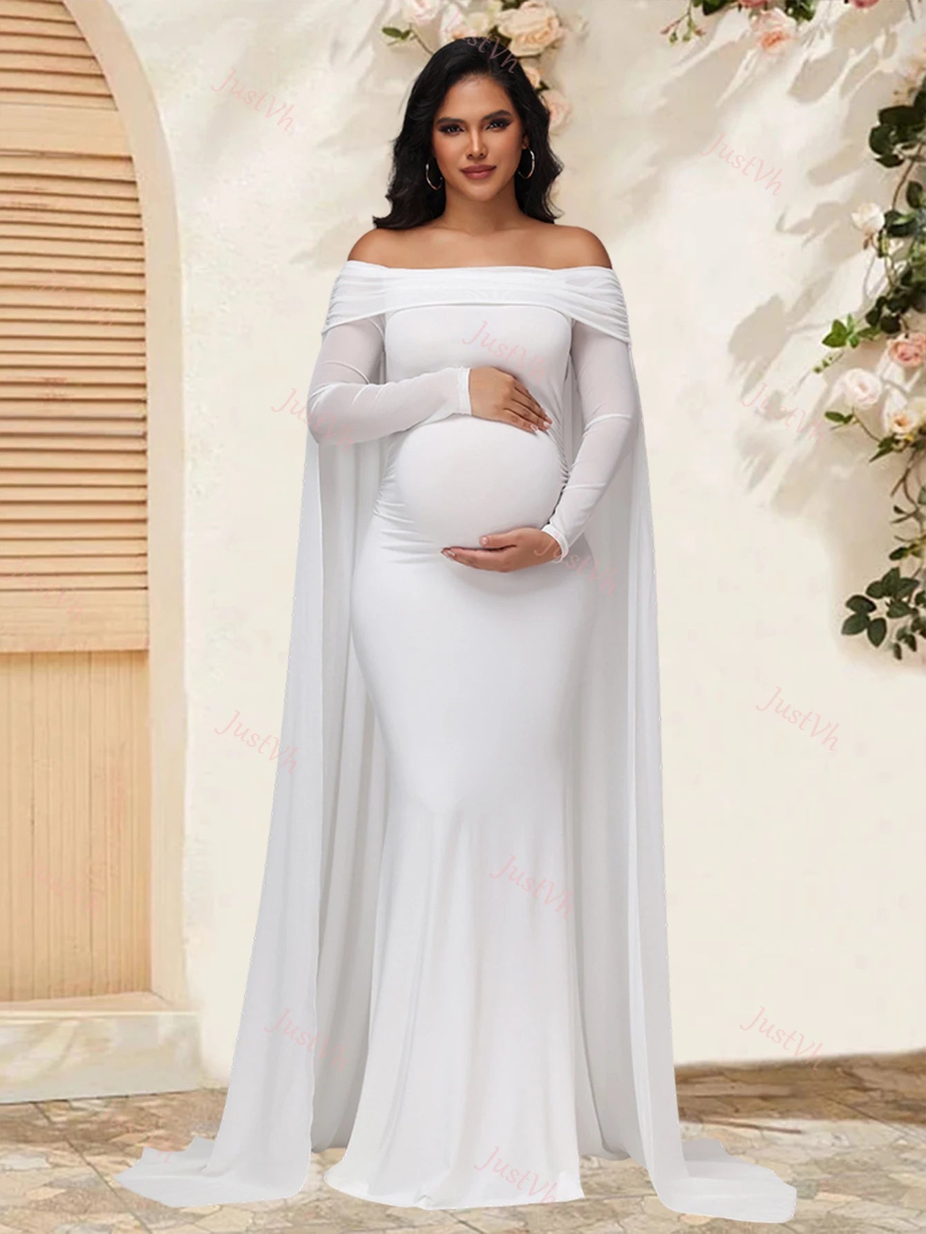 Maternity Mesh Long Sleeve Off Shoulder Chiffion Shawl Long Dress Photography Bodycon Mermaid Gown for Photoshoot Baby Shower