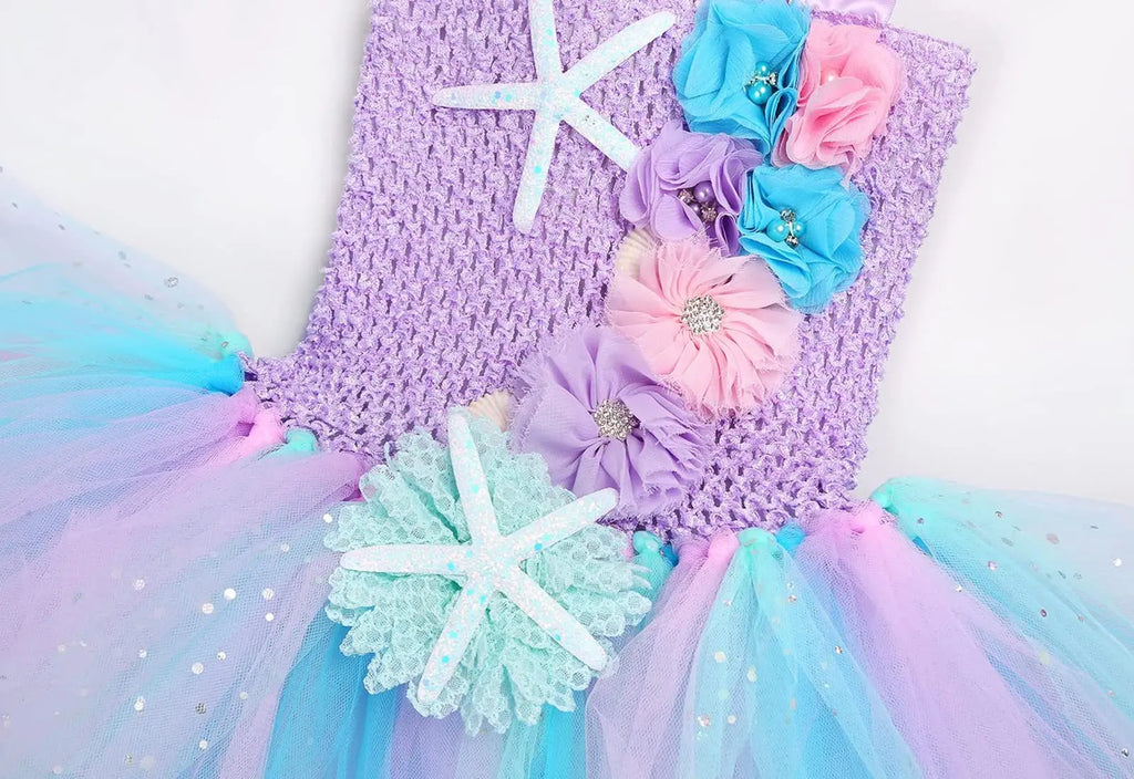 Pricness Girls Mermaid Tutu Dresses with LED Lights Sea Theme Party Starfish Ariel Cosplay Costumes Purple Ball Gown Dress