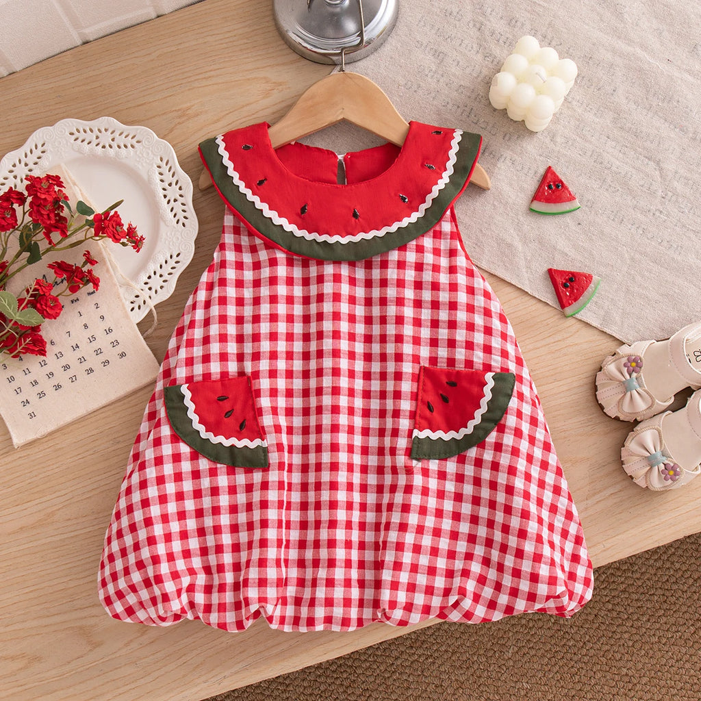 Baby Girl Dress Summer Cotton Solid Color Grid Watermelon Round Neck Sleeveless Girl Dress Cartoon Cute Beach Baby Girl Clothing