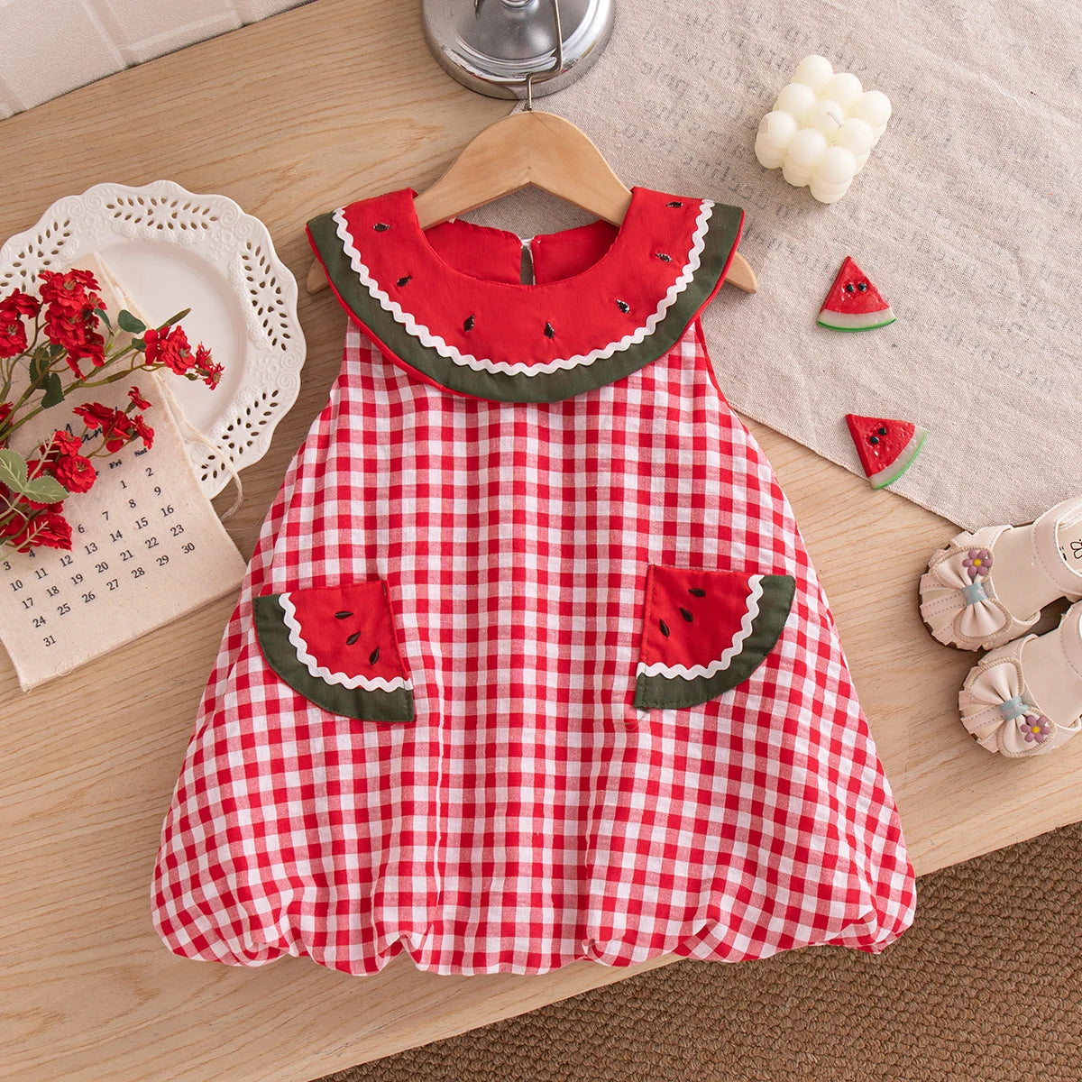 Baby Girl Dress Summer Cotton Solid Color Grid Watermelon Round Neck Sleeveless Girl Dress Cartoon Cute Beach Baby Girl Clothing