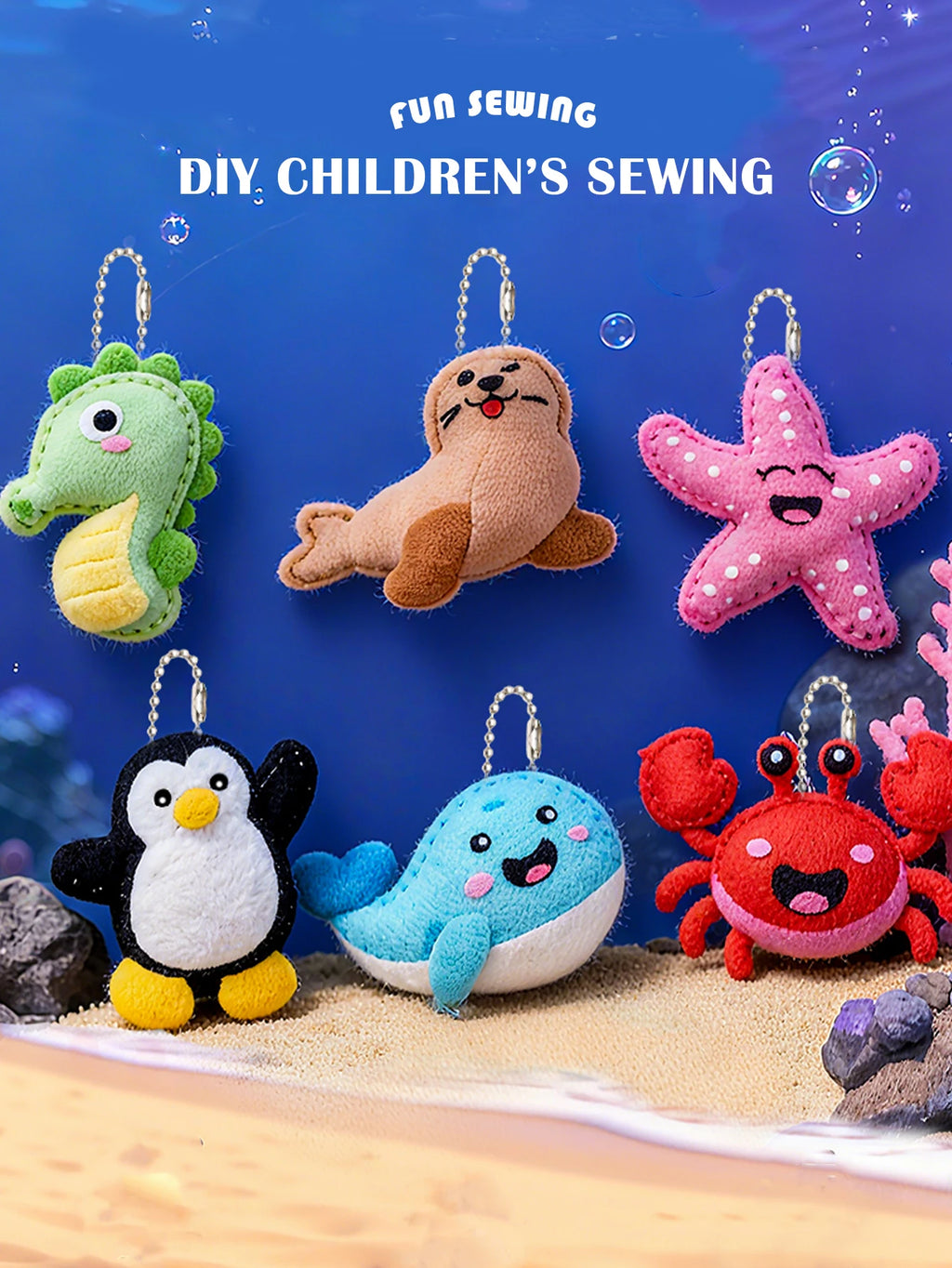 DIY Sewing Toys for Kids, Make Milk Tea Ocean Animal Plushie Craft Set Handmade Fabric with Holes and Threads Gifts