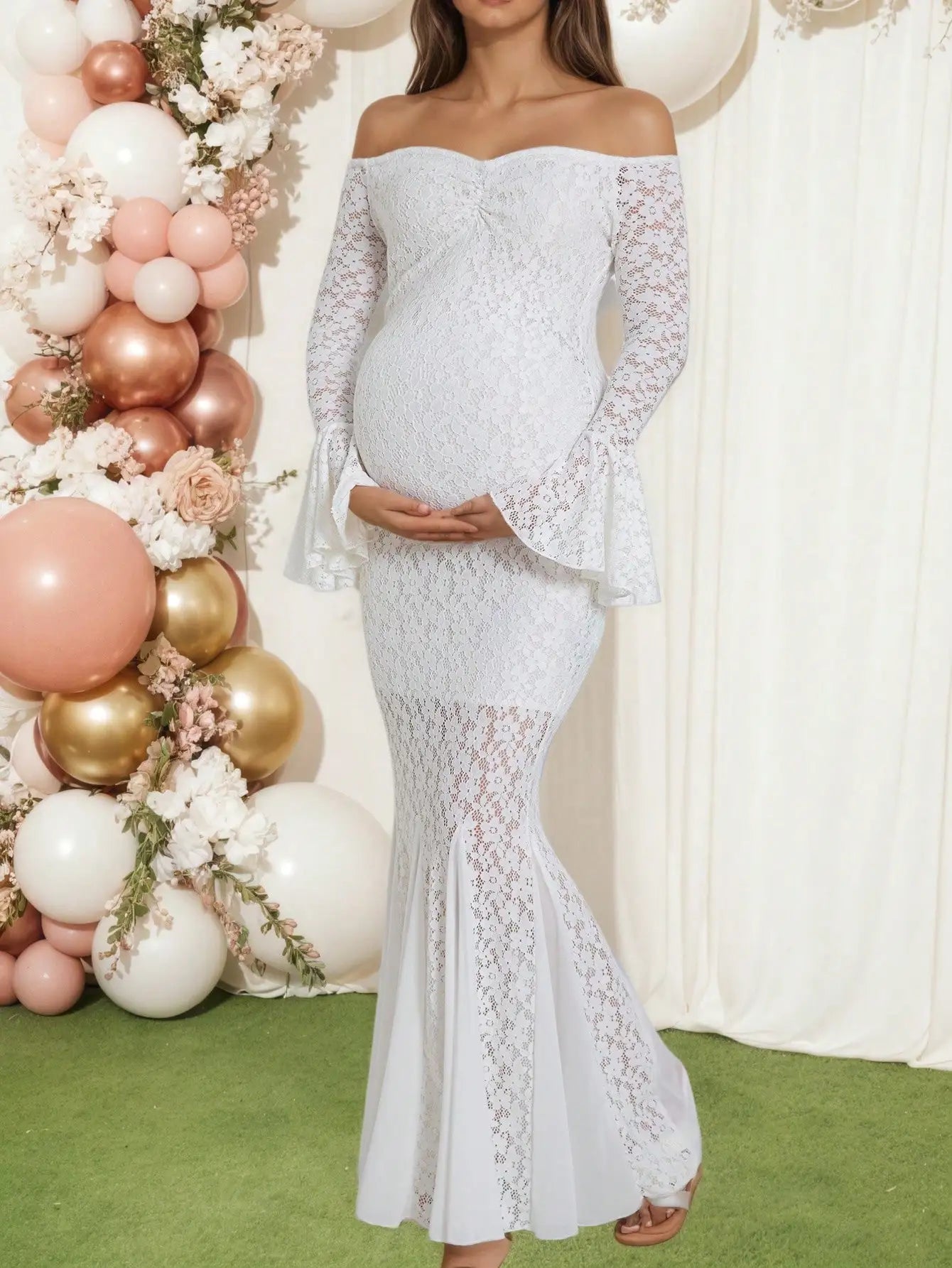 Pregnant Women's White Off Shoulder Lace Long Sleeve Mermaid Maxi Maternity Dress for Baby Shower, Maternity Photo Shoot