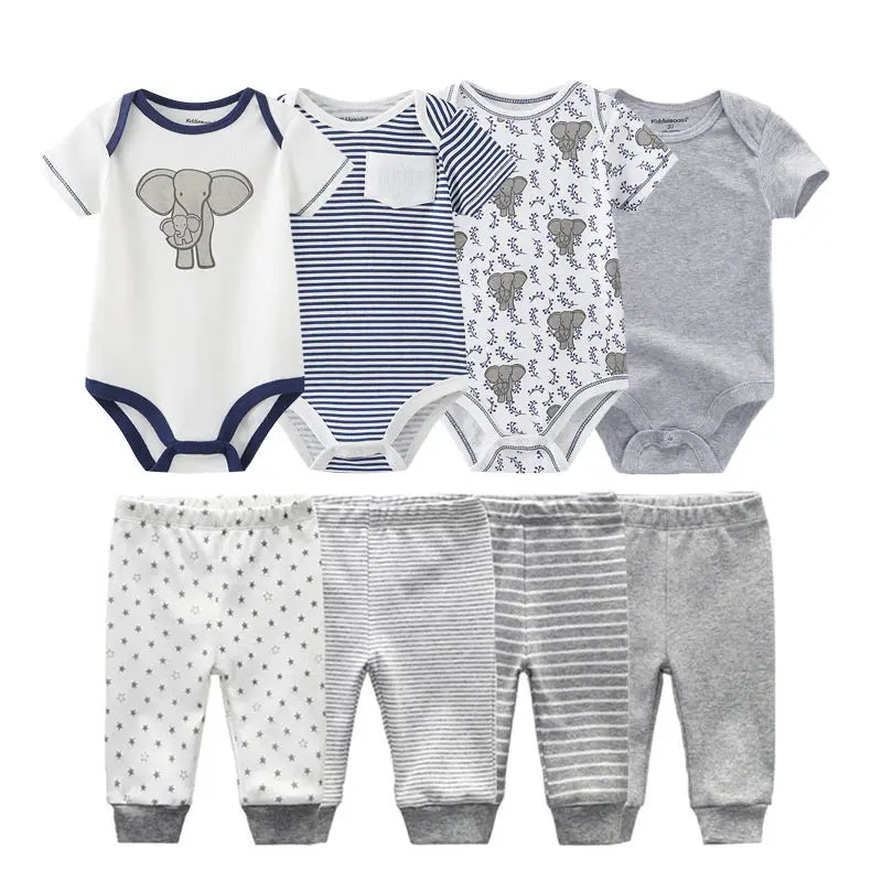 8-Piece Cartoon Baby Bodysuits and Pants Cotton Newborn Unisex Short Sleeve Onesies Trousers 0-12 Months