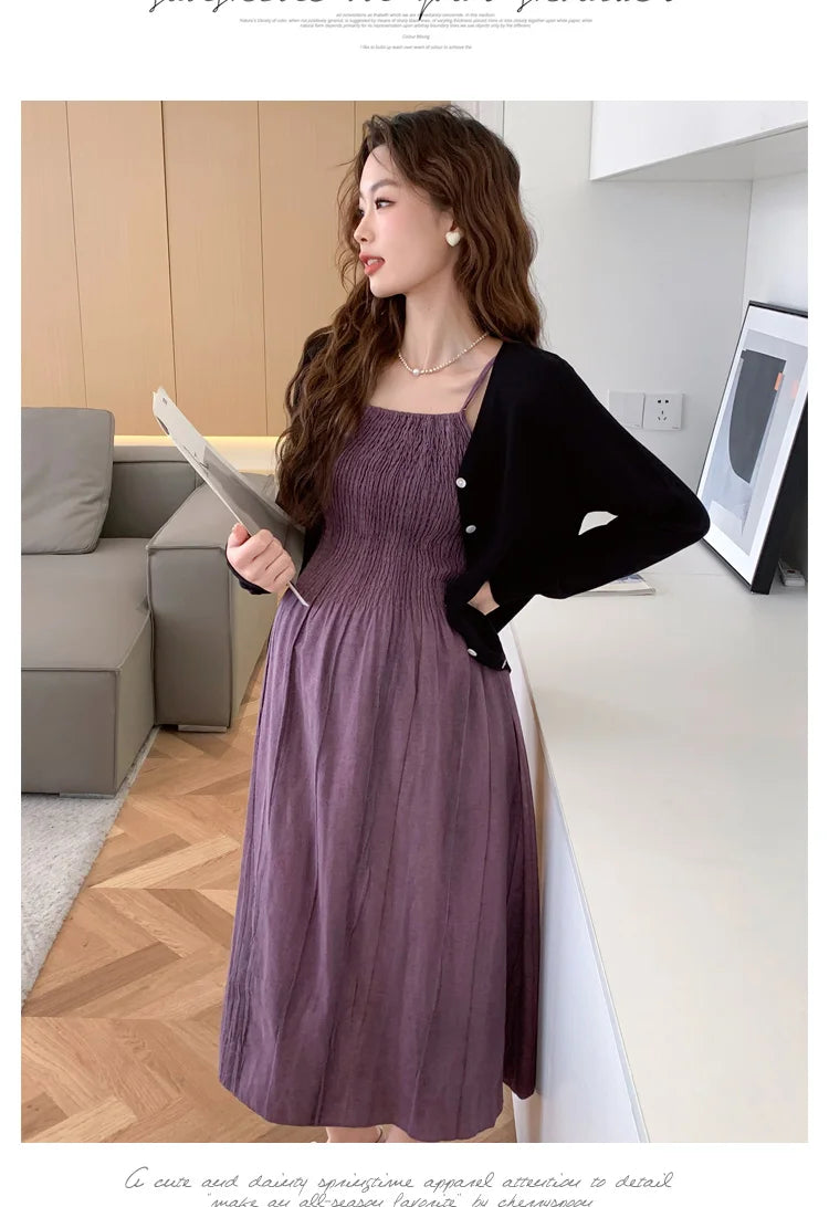 2026 Spring Maternity Dress Suits Long Sleeve Cardigans Strap Dress Twinset Pregnant Woman Clothing Set