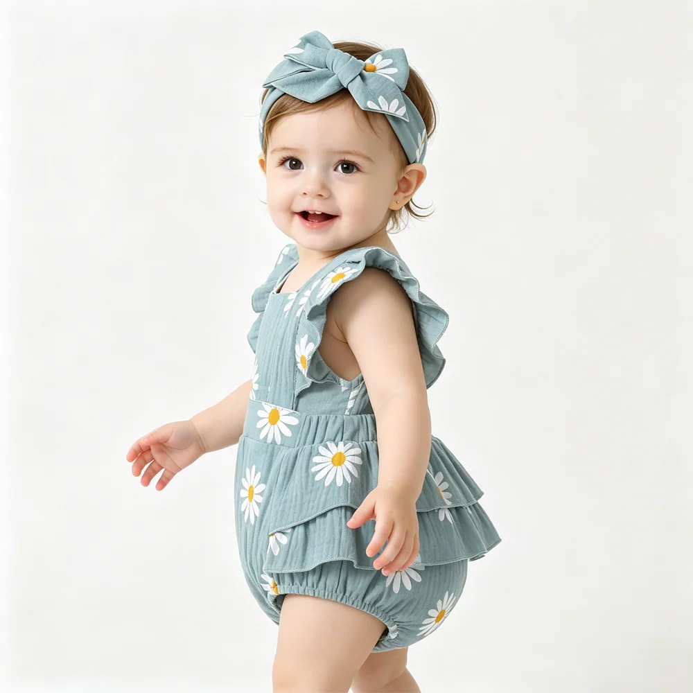 Baby Girl 2Pcs Summer Outfit Daisy Print Ruffle Flutter Sleeve Backless Romper with Headband Cute Infant Set for Daily Wear