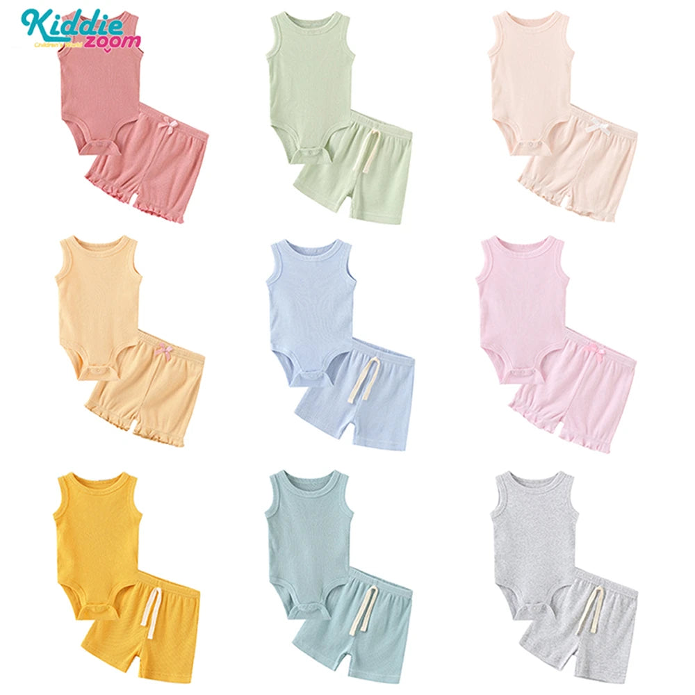 Kiddiezoom Summer Fashion Cartoon Sleeveless Baby Boy Girl Bodysuits+Pants Soft Baby Boy Girl Clothes