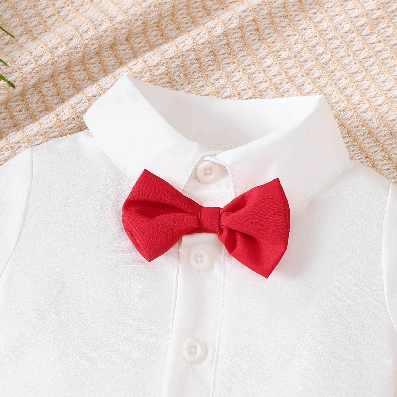 2Pcs Baby Boys' College Style Set with Bow Edge Binding Shirt Strap Shorts Set for 0-3 Year Old Baby Boys' Summer Party Set