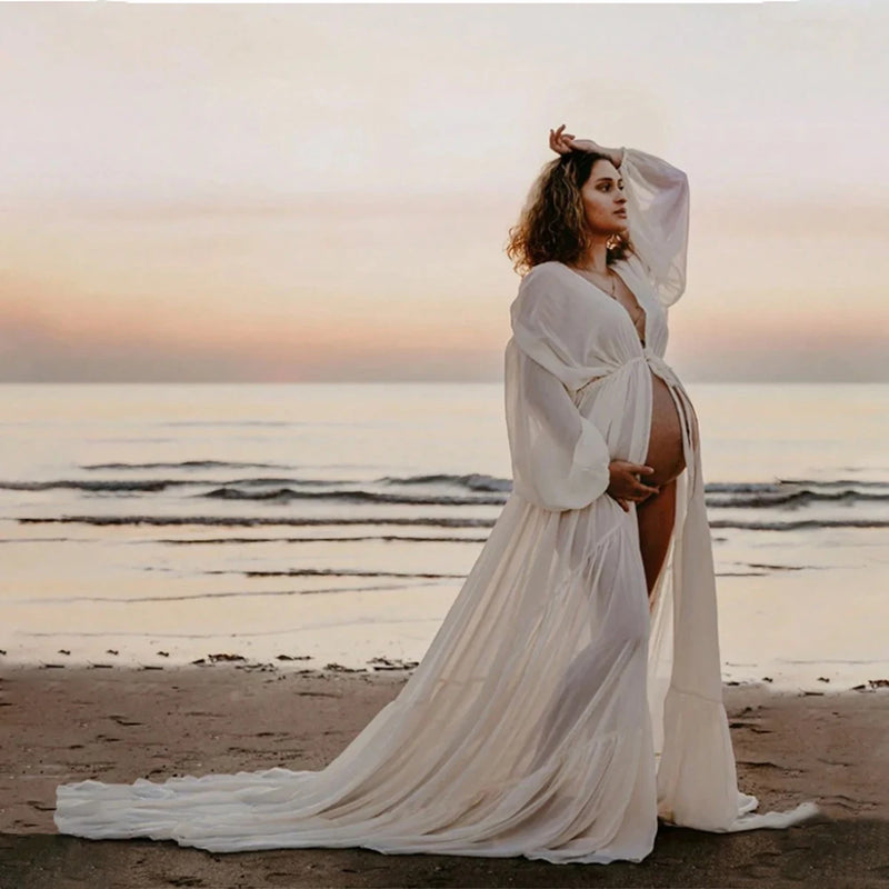 Maternity Chiffon V-neck Lantern Sleeves Slit Robe for Baby Shower Maxi Gown Photography Dress