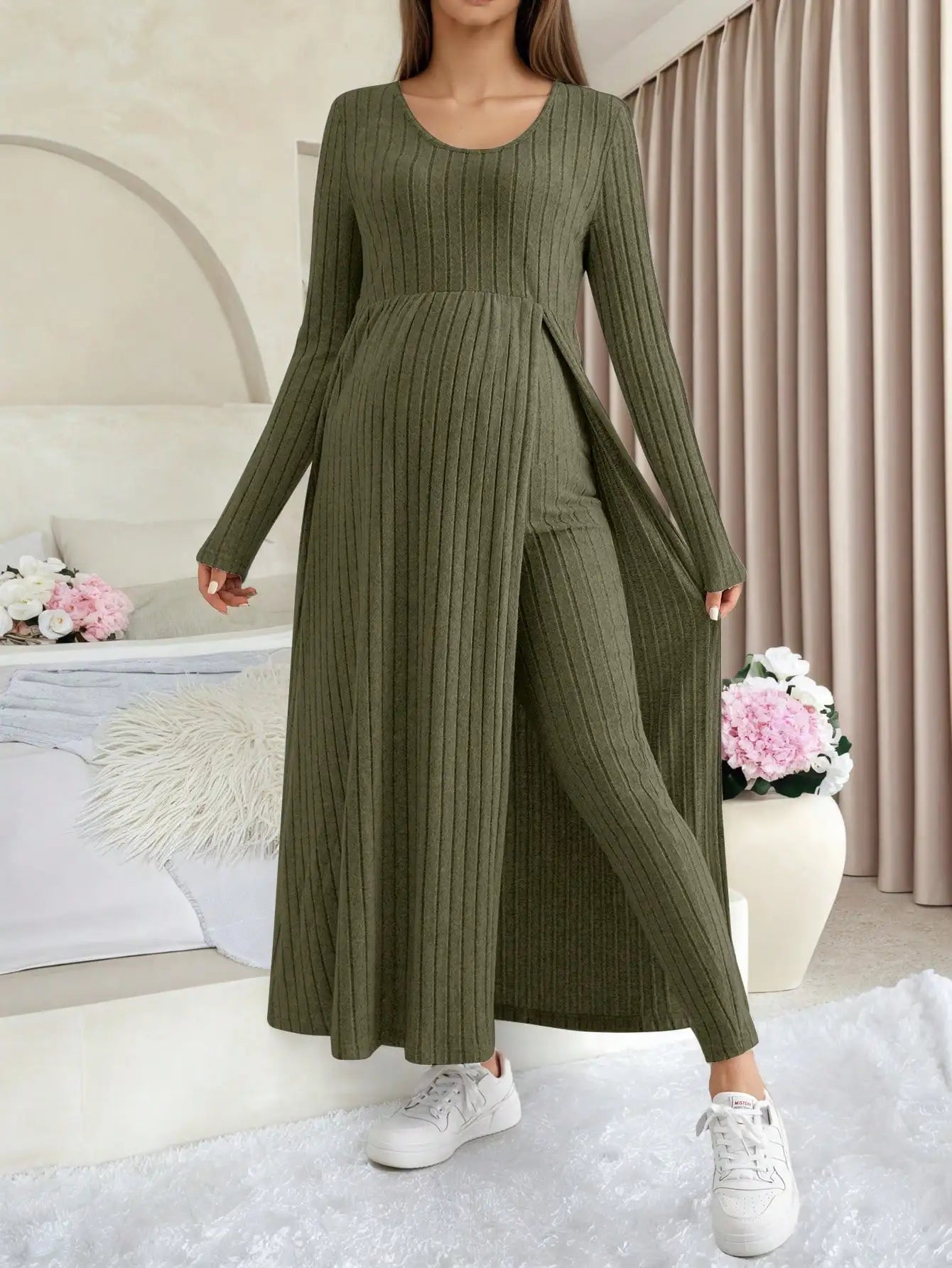 Maternity Women's Two Piece Sets and Outfits Long Sleeve Soft Ribbed Longline Casual Home Lounge Pants Set