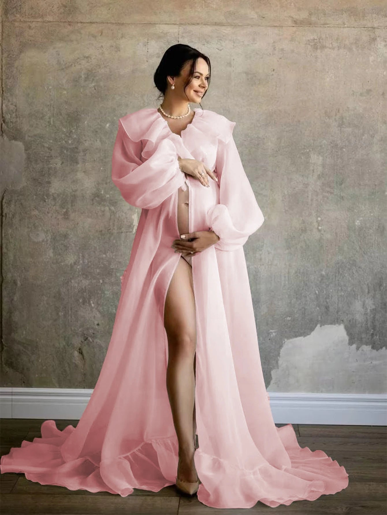 Maternity Chiffon Dress With Ruffle Neck Lantern Sleeve Tie Cord For Pregnancy Photo Shoot Baby Shower