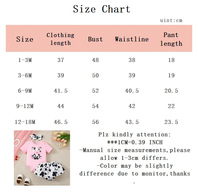 0-18 Months Newborn Baby girl 3Pcs/Set Cartoon Cute Little Cow Short sleeved+Skirt+Headband Set Baby girl Summer clothing
