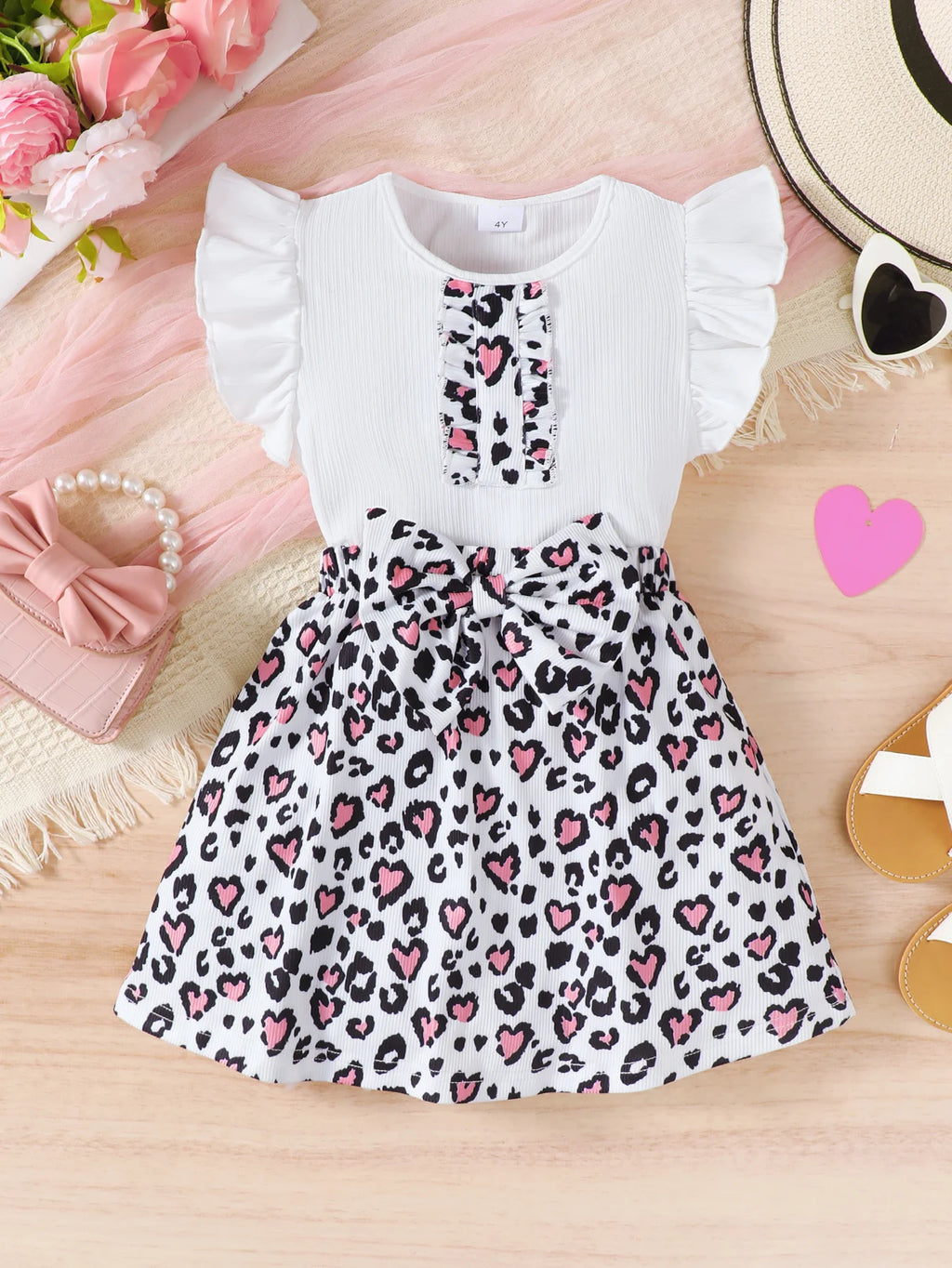 2Pcs Children's clothing Girl Flying sleeve White Top Leopard Print Bow Skirt Set for 4-7 Year old Girls Summer Fashion Set