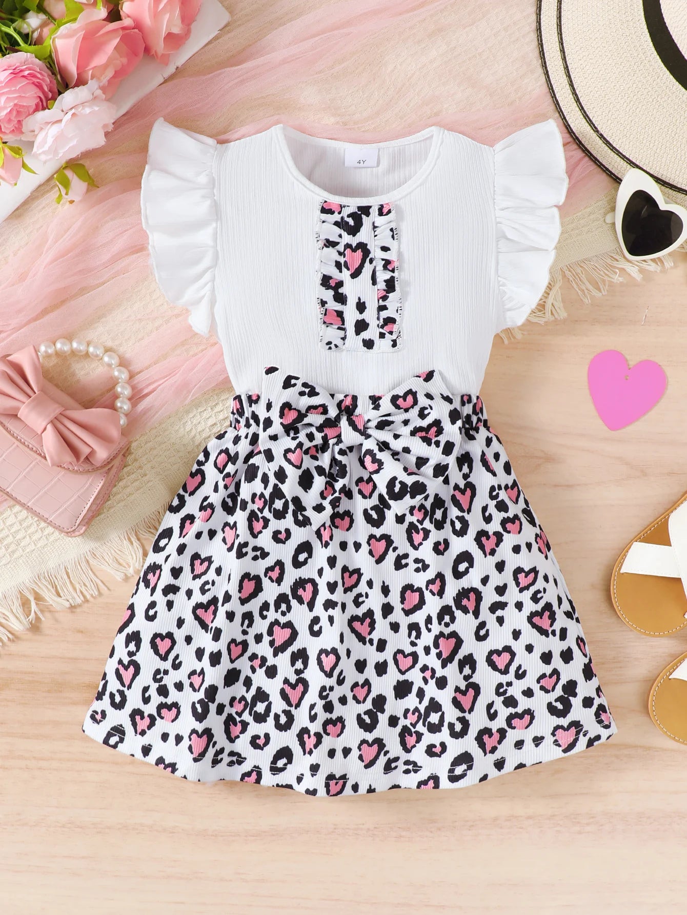 2Pcs Children's clothing Girl Flying sleeve White Top Leopard Print Bow Skirt Set for 4-7 Year old Girls Summer Fashion Set