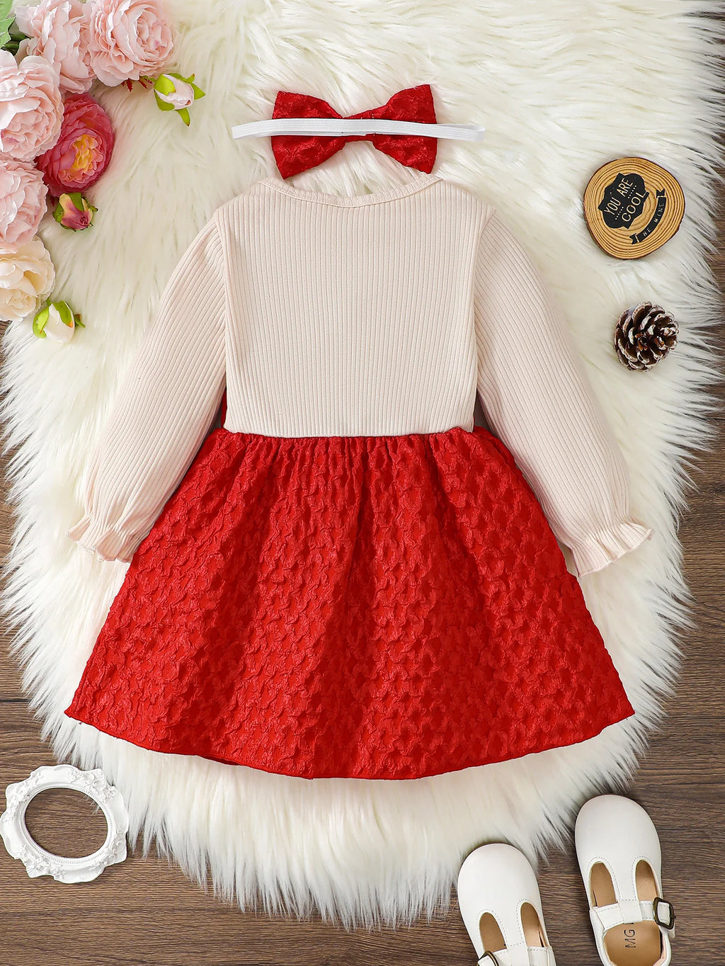 0-3Year Baby girl Christmas Dress Round neck Red Big Bow pleated Long sleeved dress Baby girl New Year party dress Baby Clothing