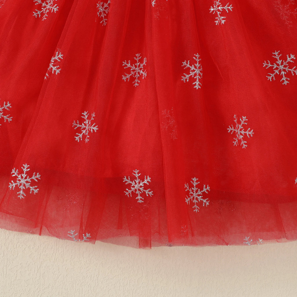0-24 Months Baby girl Christmas Fashion Dress Letter Printing Tulle Snowflake Long sleeved+Headband 2pc/Set Baby New Year Dress