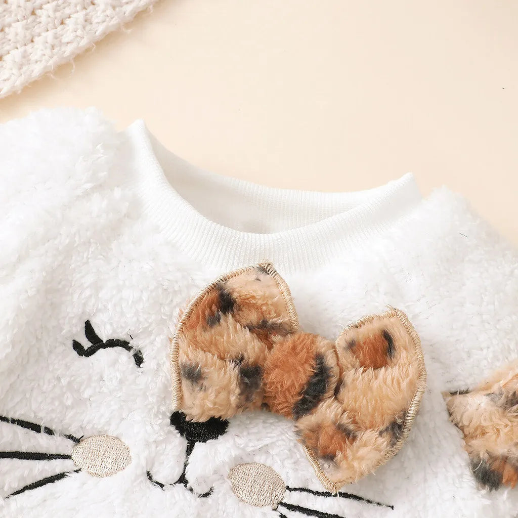 3Pcs Baby Girl Autumn Fashion Set Plush Leopard print Top+Skirt+Hat Autumn/Winter Set Suitable for Cute Baby Girls 0-3 Years Old
