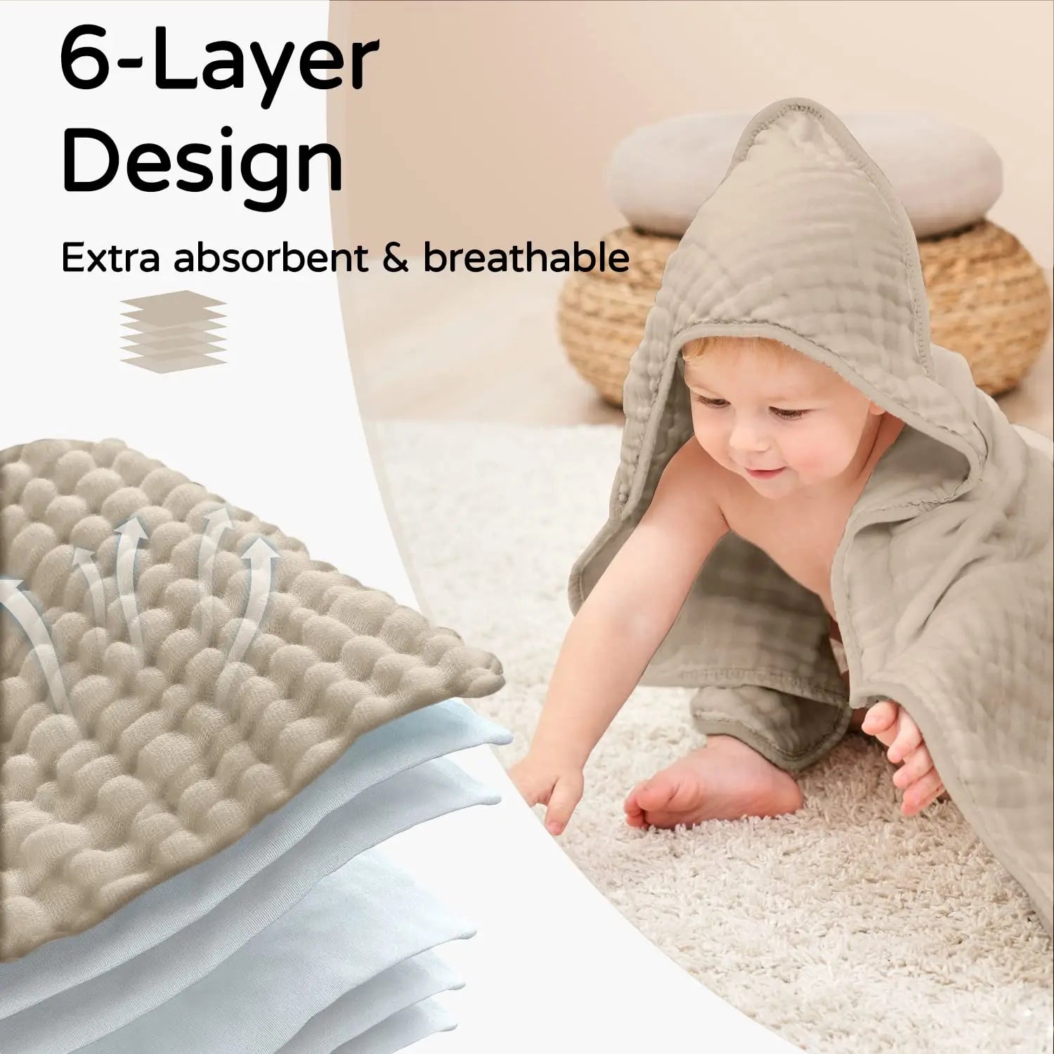 Muslin Hooded Baby Towels, 100% Cotton, Ultra-Soft & Absorbent Baby Bath Towels with Hood for Newborn & Infant