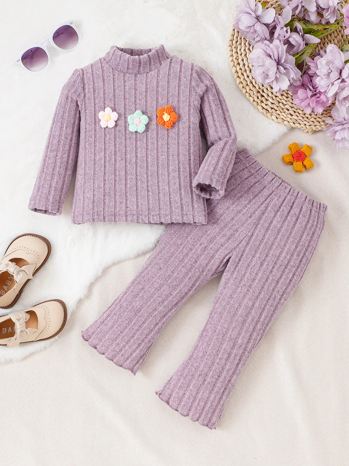 Baby Girl 2-Piece Top With Small Floral Pattern And Solid Color Pants Set 0-3 Years Half High Collar