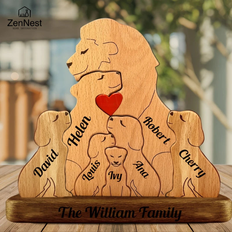 Personalized Wooden Lion Family Puzzle Ornament – Custom Name Family Christmas Decoration