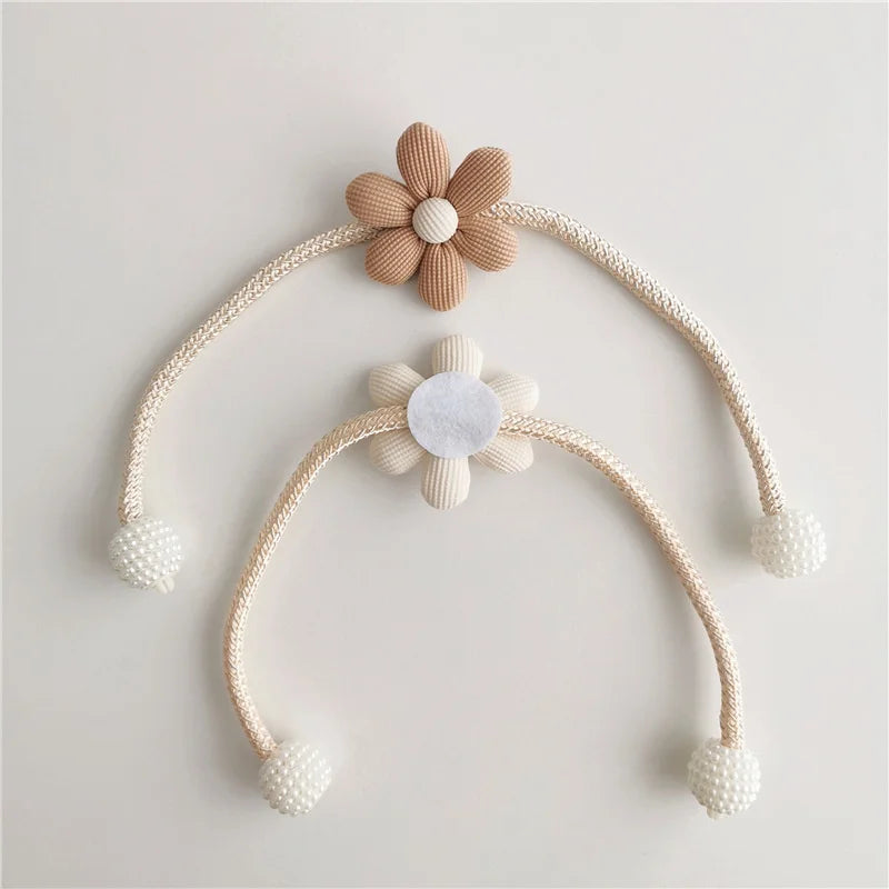 2Pcs Nordic Ins Style Three-Dimensional Flower Pearl Buckle Curtain Tiebacks Children's Room Decoration Mosquito Net Tie Rope Binding Rope