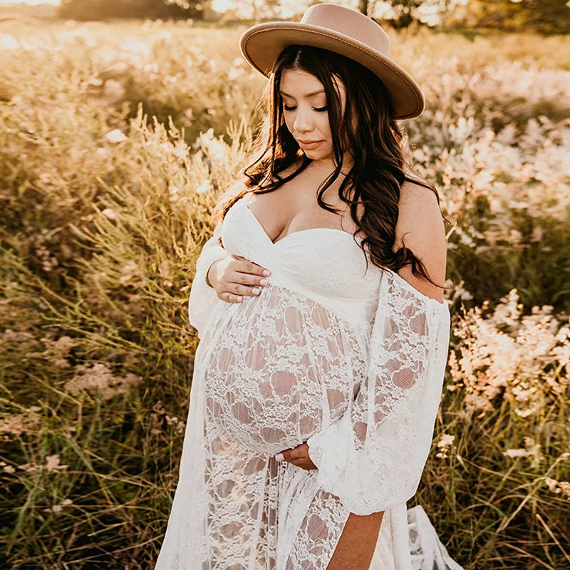 Maternity Dress Soft Stretchy Lace Off Shoulder Doubly Split A line Skirt Pregnancy Maxi Gown for Photoshoot