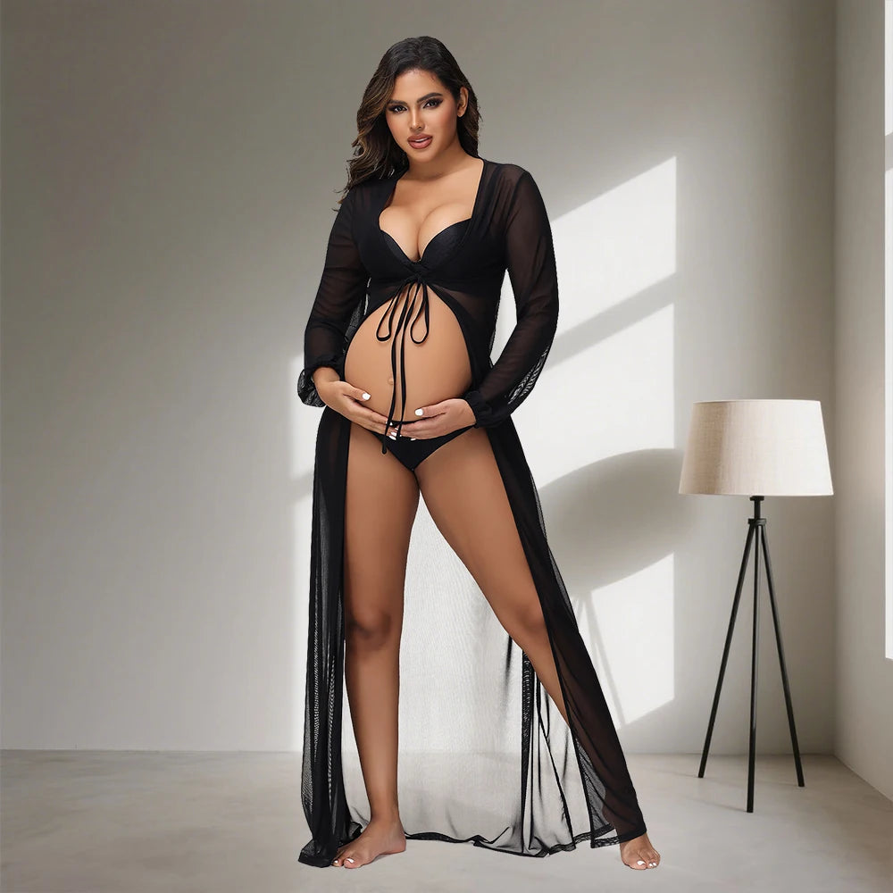 Maternity Photography Dress Lantern Sleeves Sexy Tulle See-through Robe For Baby Shower Pregnant Photo Prop Maxi Gown
