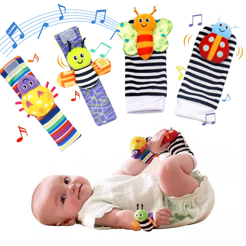 4Pcs Baby Toy 0-12 Months Baby Rattles Toys Animal Socks Wrist Strap +Rattle Baby Foot Socks Bug Wrist Strap Toddler Socks