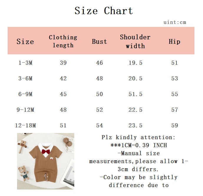 0-18 Month Baby boy Bodysuit Collar Bow Color Blocking, Cute Little bear jumpsuit Summer Newborn Baby boy Short sleeved Jumpsuit