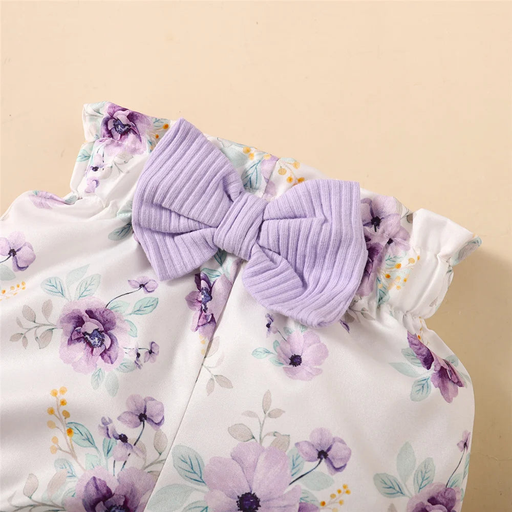3pcs Baby girl Ruffle edge pit stripe Short sleeved Bodysuit+Elastic Printed Shorts+Bow Headband 0-18 Months Baby Summer Set