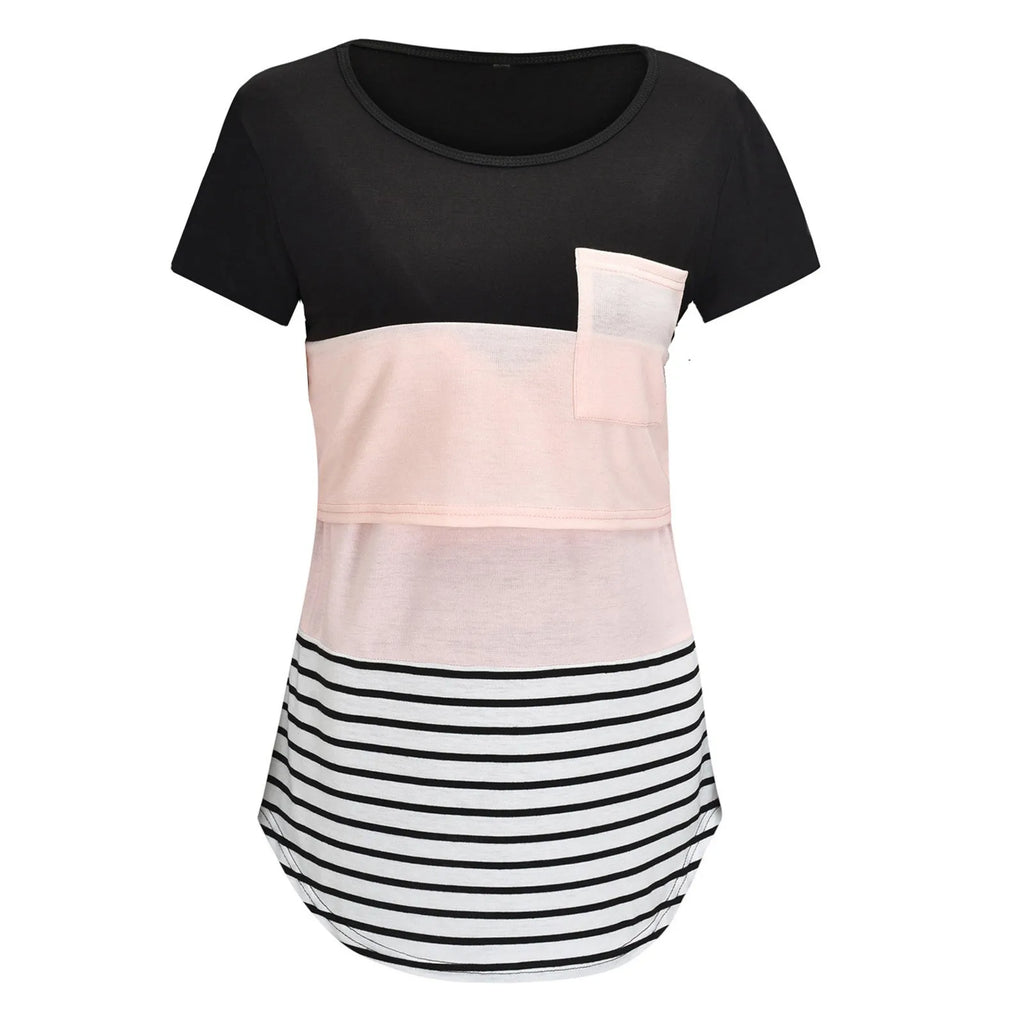 New Maternity Clothes Casual Tops Nursing For Breastfeeding T Shirt Striped Print Women Maternity Short Sleeve Maternity Blouse