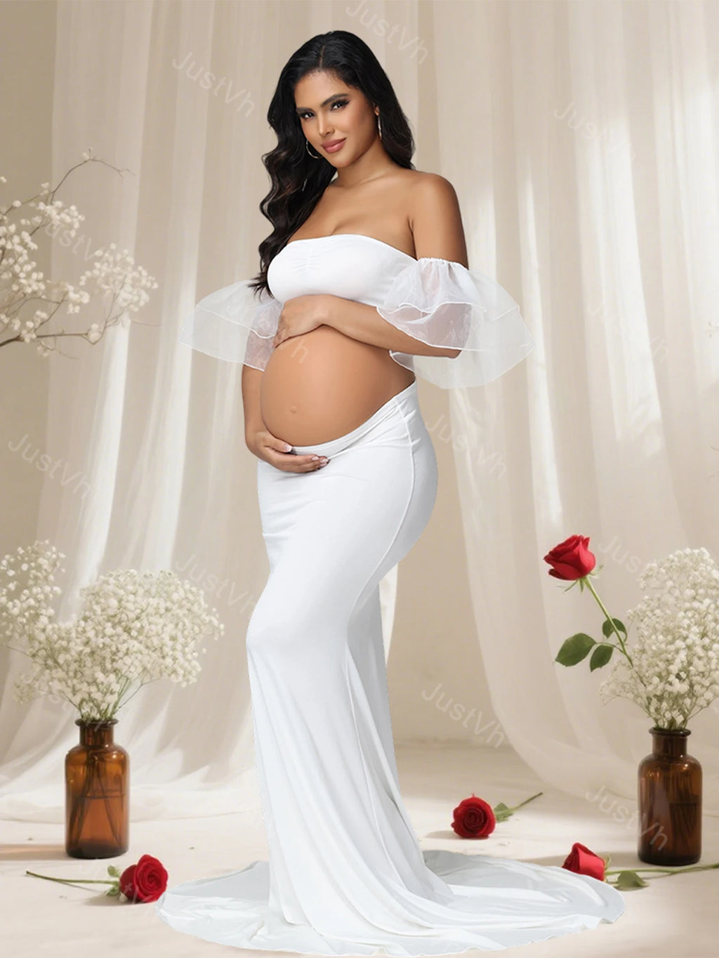 Maternity Ouifits 2Pcs Organza Sleeves Tube Top and Mermaid Hem Maxi Dress for Baby Shower Photoshoot