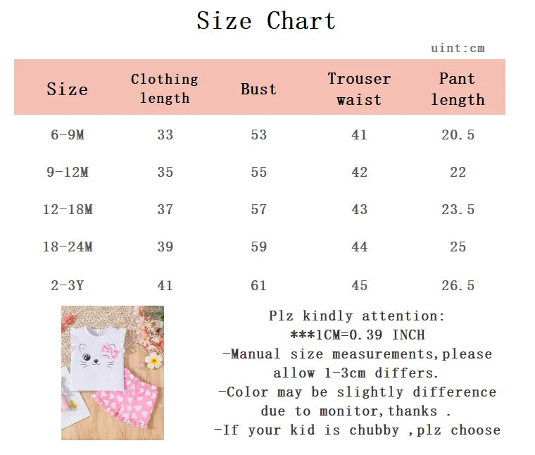 2Pcs Baby Girl Cute Kitten Top +love Printed Shorts Set 0-3 Year Old Toddlers Summer Casual Style Clothing for Little girls
