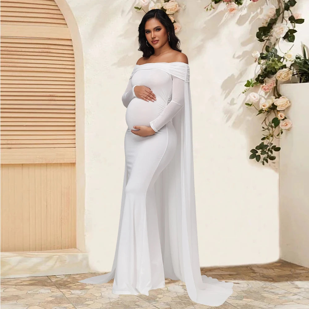Maternity Mesh Long Sleeve Off Shoulder Chiffion Shawl Long Dress Photography Bodycon Mermaid Gown for Photoshoot Baby Shower