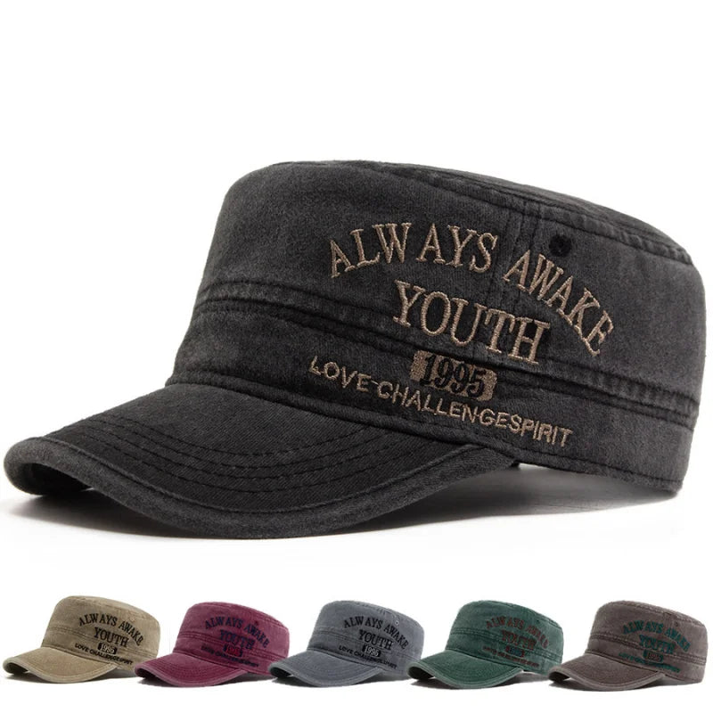 Washed Embroidered Letter Military Cap Vintage American Style Men's Flat Top Hat Sunshade Outdoor Casual Hat for Women Summer
