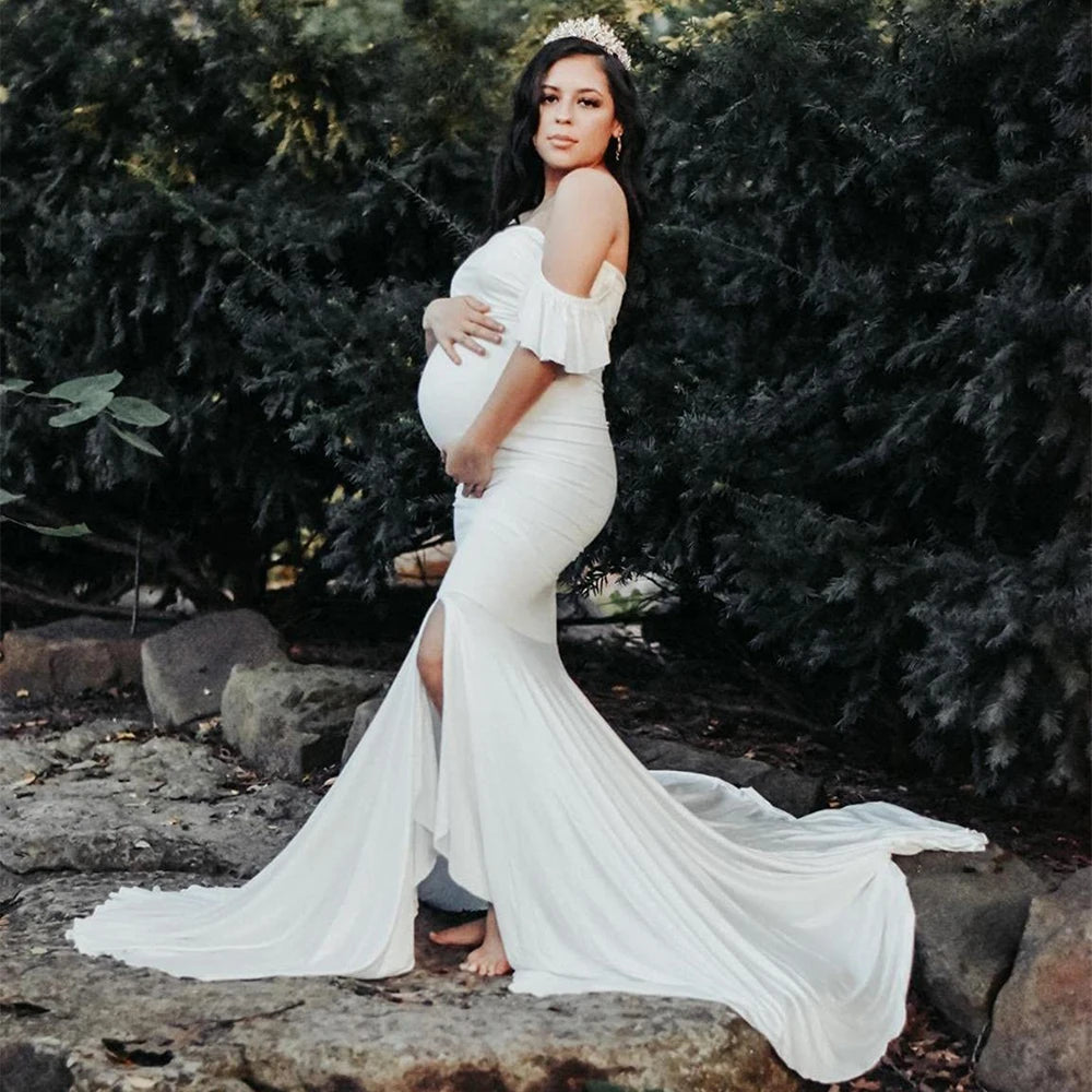 Maternity Summer Ruffle Sleeve V-Neck Mermaid Dress Pregnancy Gown Wedding Bridesmaid Dresses Robe for Photoshoot Baby Shower