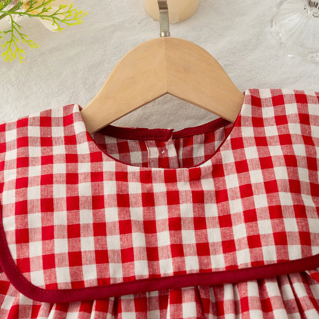 Summer Lovely Baby Girl Outfit Set Comfortable Cartoon Embroidery Red Plaid Doll Collar Top and Solid Color White Toddler Shorts