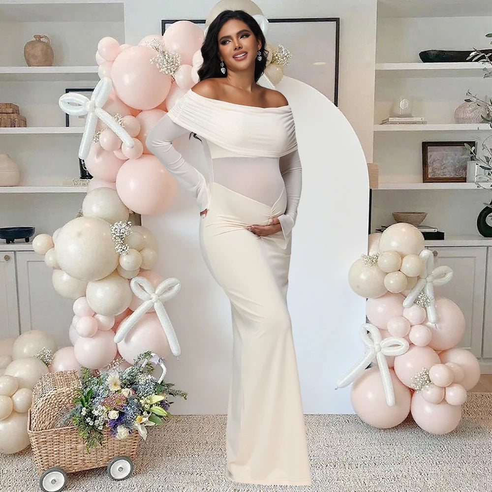 Maternity off Shoulder Long Sleeves Maxi Dress Mesh Paneled Rouched Baby Shower Outfit for Photoshoot
