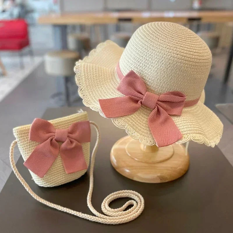 Kids Hat for Girls 2-7Y Straw Children's Sunshade Cap Bag Summer Baby Travel Sunscreen Beach Hat Sun Fisherman Cap Fashion Style