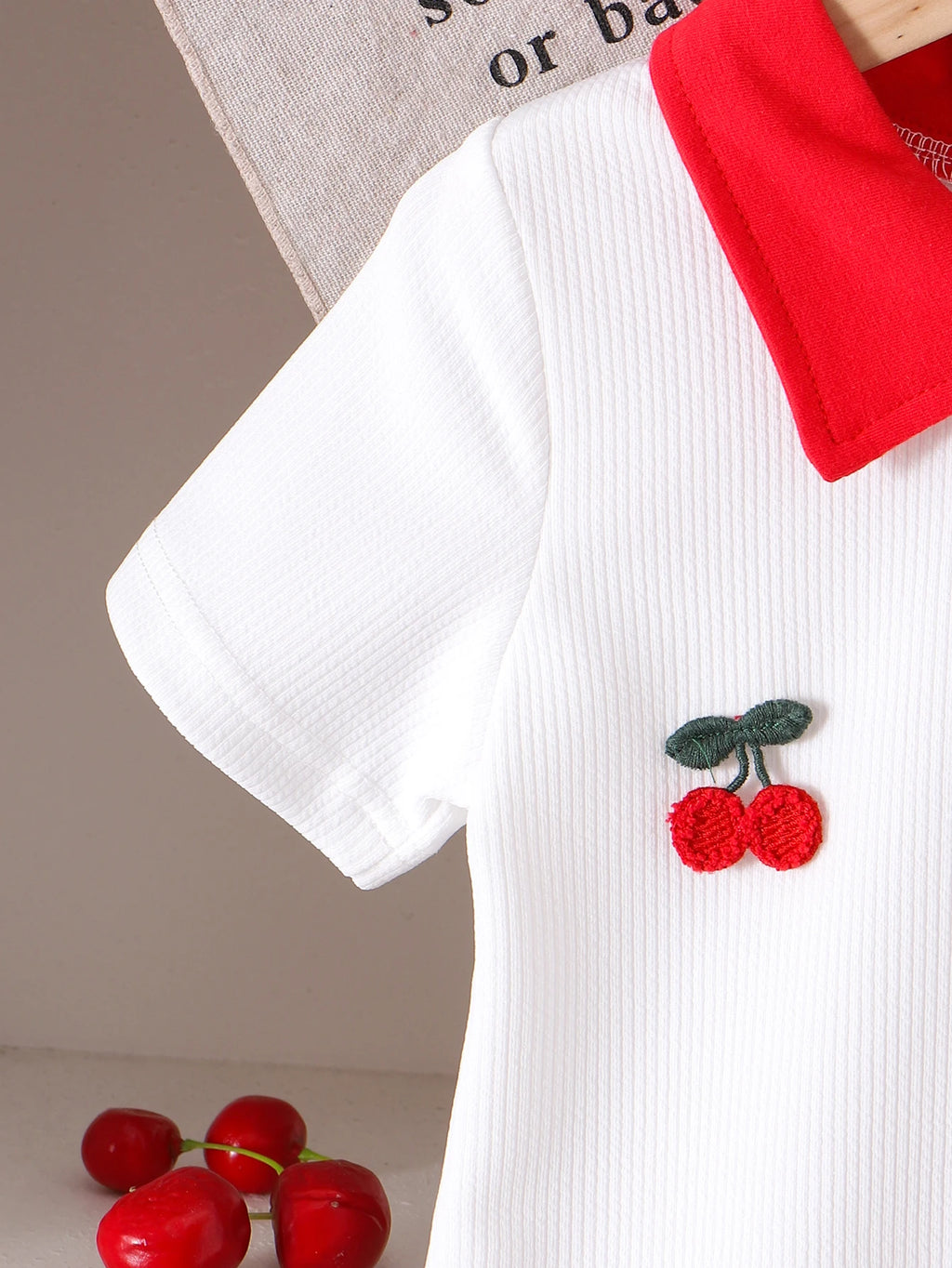 2pc Summer Cross-Border New Style Girls Are Comfortable and Cute 2-7 Years Old Red Collar White Short-Sleeved T-Shirt + Red Skir