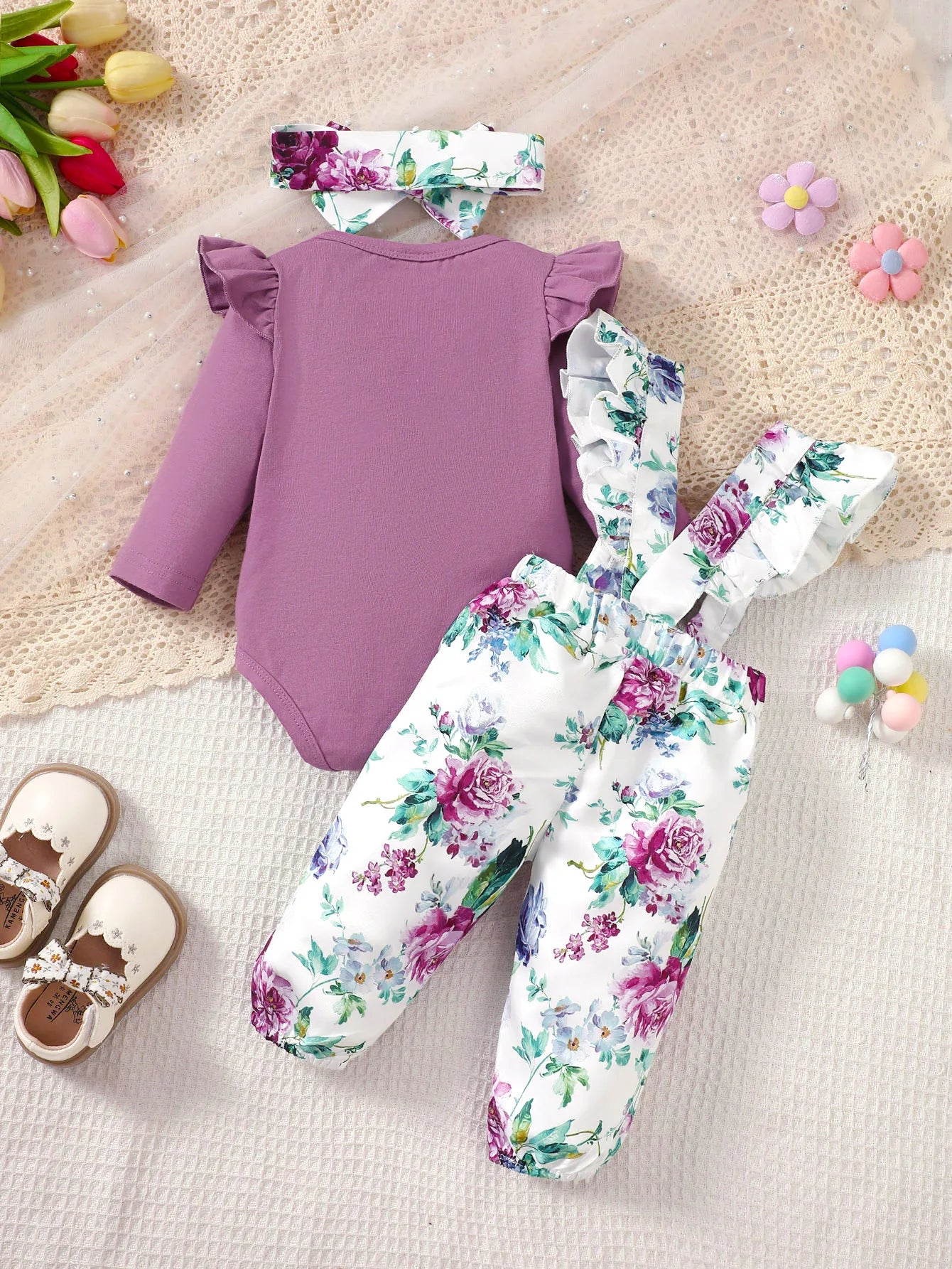 Newborn Girl Baby Set Purple Flared Sleeve Bodysuit + Flower Backband Pant for 0-24 Months Old Female Baby Spring & Autumn Set