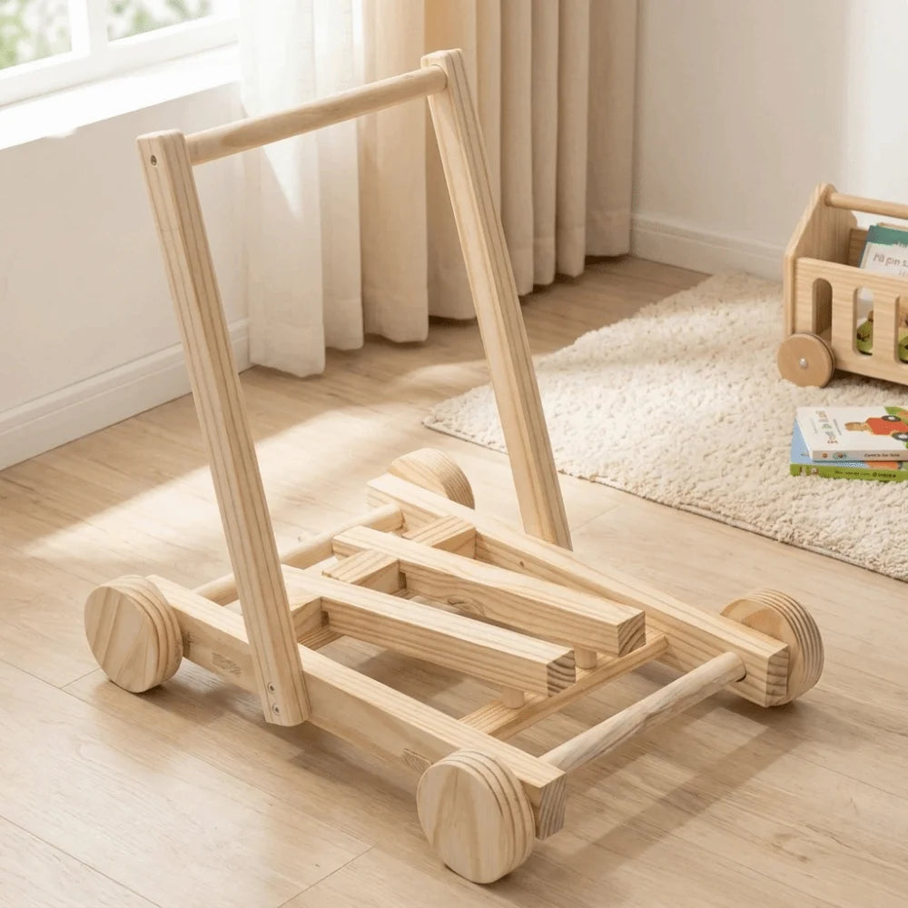 Adjustable Speed Height No-Knot Wood Baby Walker Wheeled Push-Pull Durable Baby Walking Trainer Safe Sturdy Non-Toxic