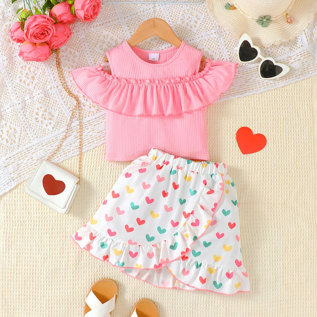 Children's girls'Set Ruffled off Shoulder Top+Irregular Skirt Two-piece set for 4-7 year old girls' Summer Party Fashion Set