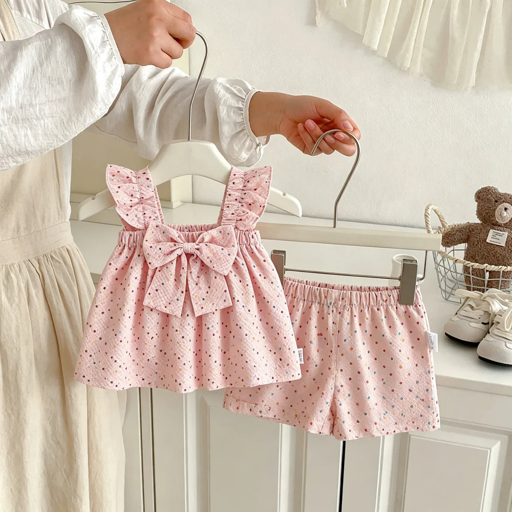 2pc/Set Baby Girl Set Summer Love Polka Dot Bow Top Shorts Girls' Clothing Cute Beach Children's Set