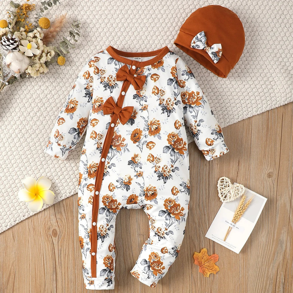 Baby girl Bodysuit open button floral full print long sleeved Bodysuit+Hat 0-24 months newborn Baby girl spring autumn Bodysuit
