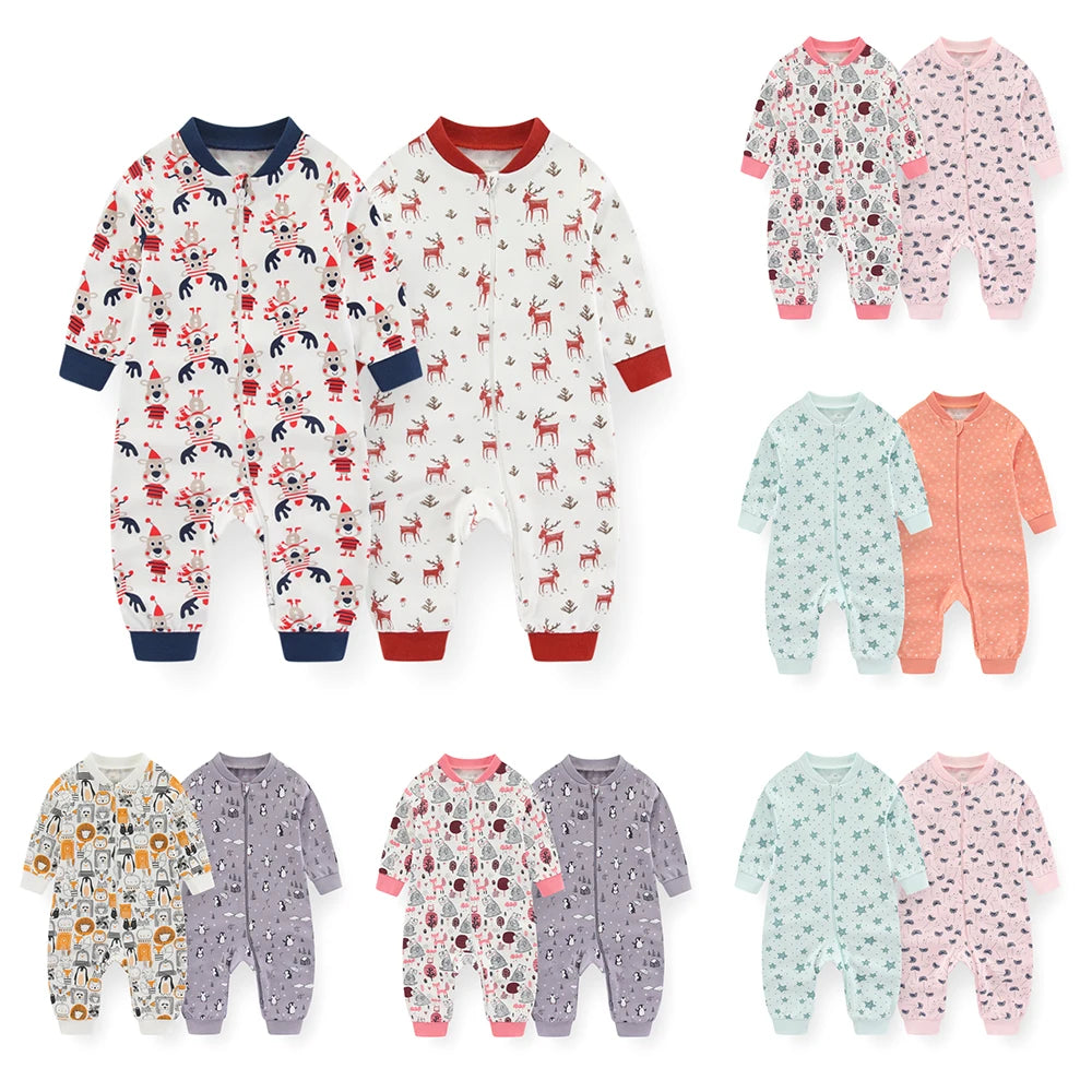 2 PCS/Lot Kiddiezoom Four Seasons Fashion Cartoon 100%Cotton Zipper Long Sleeve Baby Boy Girl Rompers Soft Newborn Clothing